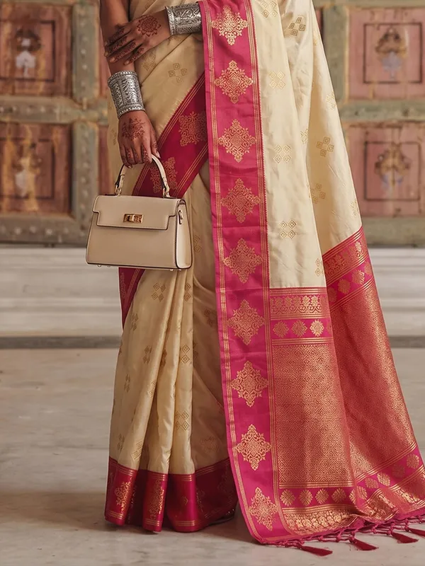 Cream_Banarasi_Soft_Silk_Zari_Border_Saree_For_Women