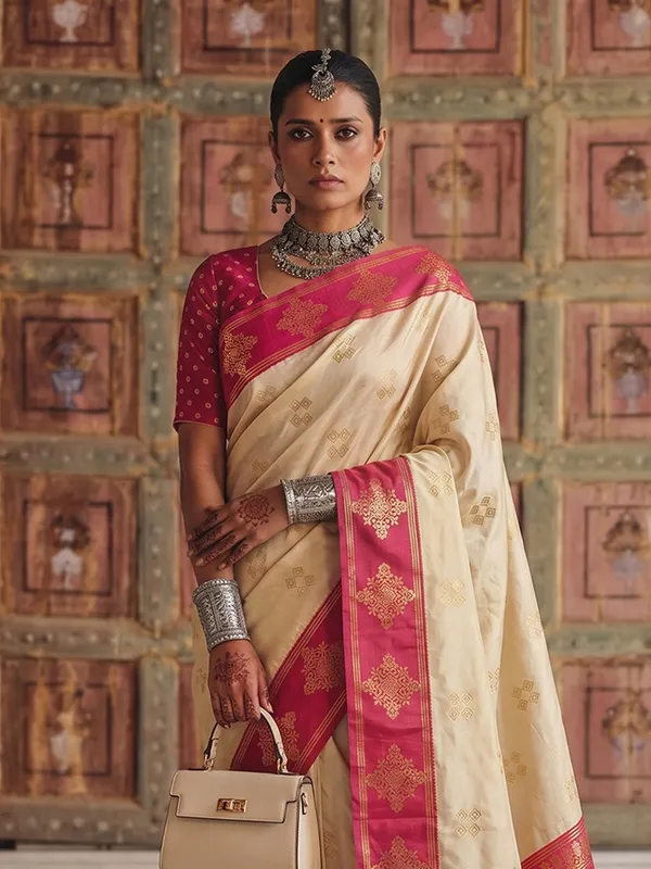 Cream_Banarasi_Soft_Silk_Zari_Border_Saree_For_Women