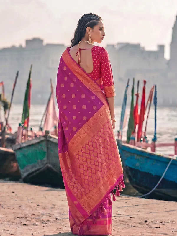 Rani_Pink_Banarasi_Silk_Zari_Woven_Saree_For_Women