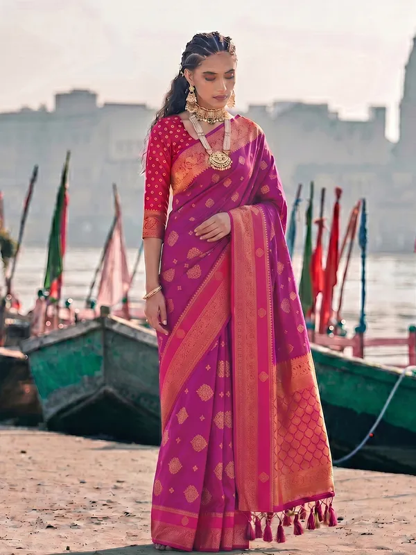Rani_Pink_Banarasi_Silk_Zari_Woven_Saree_For_Women