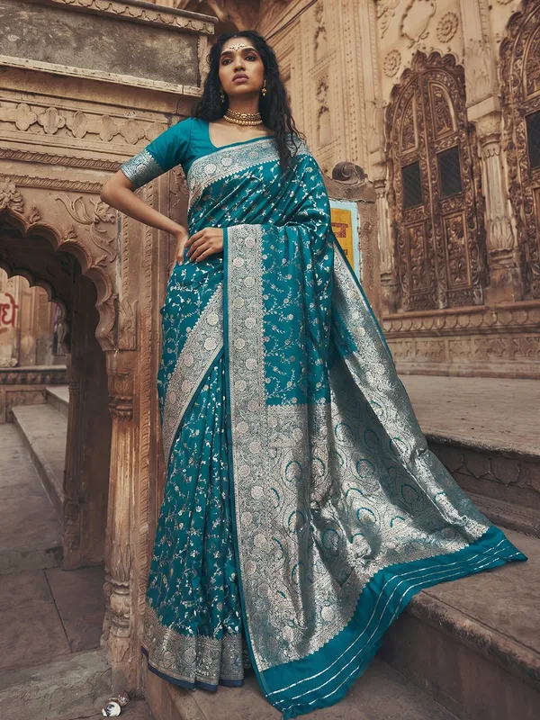 Teal_Blue_Soft_Silk_Woven_Saree_For_Women