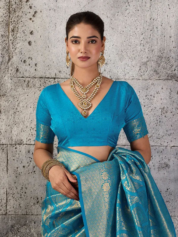 Teal_Blue_Banarasi_Silk_Festive_Wedding_Saree_For_Women