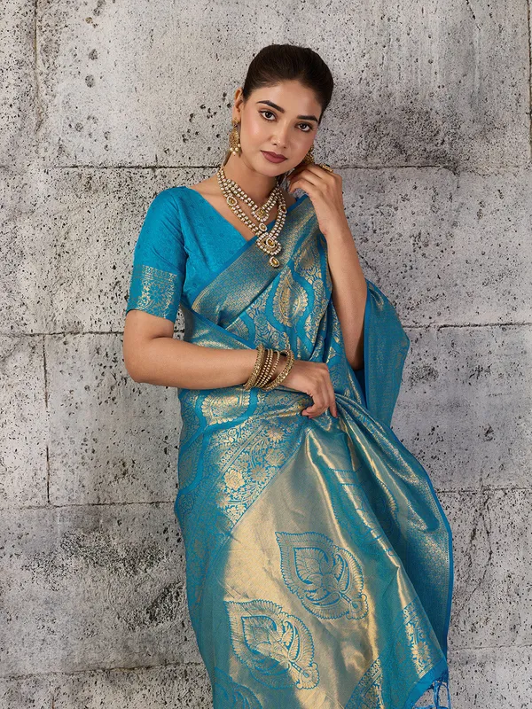 Teal_Blue_Banarasi_Silk_Festive_Wedding_Saree_For_Women