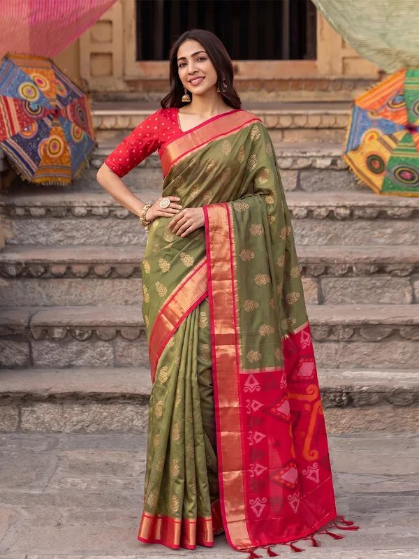 Olive_Green_Red_Soft_Silk_Saree_For_Women