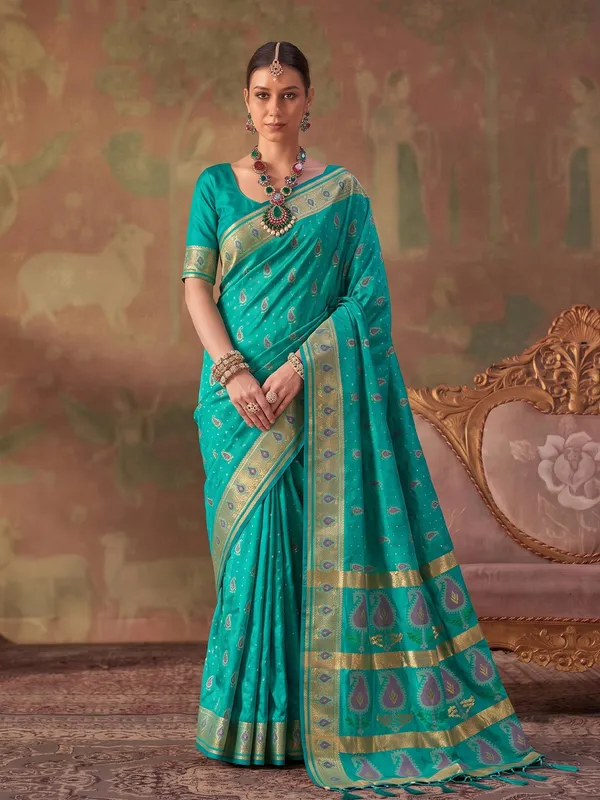 Sea_Green_Soft_Silk_Paisley_Woven_Saree_For_Women