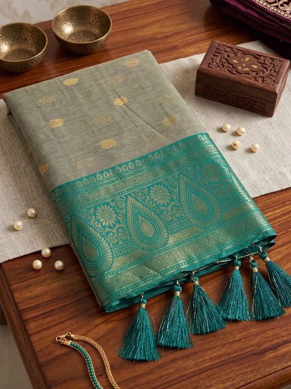 Beige_Teal_Green_Cotton_Woven_Saree_For_Women