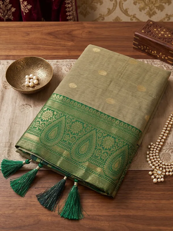 Beige_Olive_Green_Premium_Cotton_Woven_Saree_For_Women