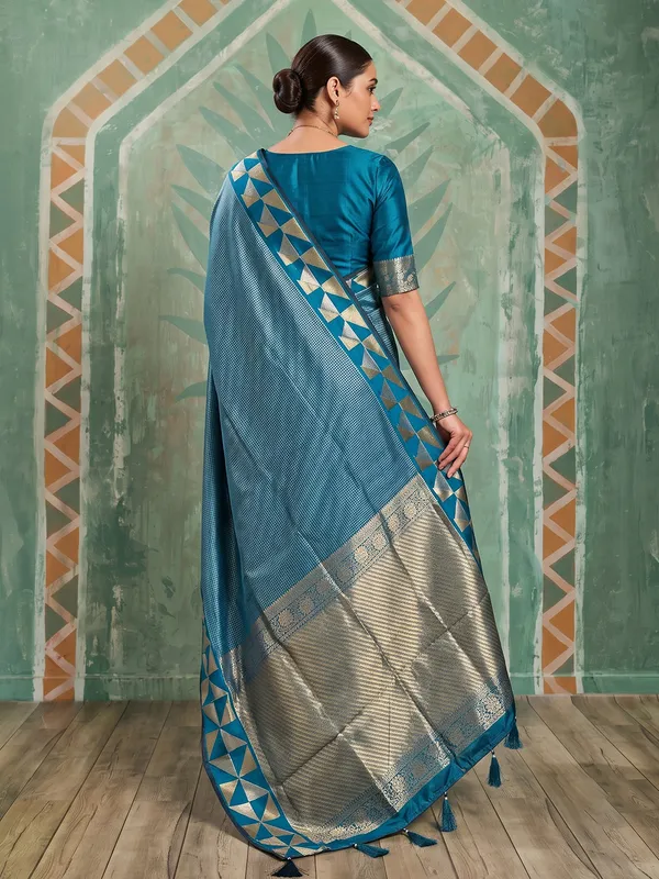 Teal_Blue_Art_Silk_Gold_Border_Saree_For_Women