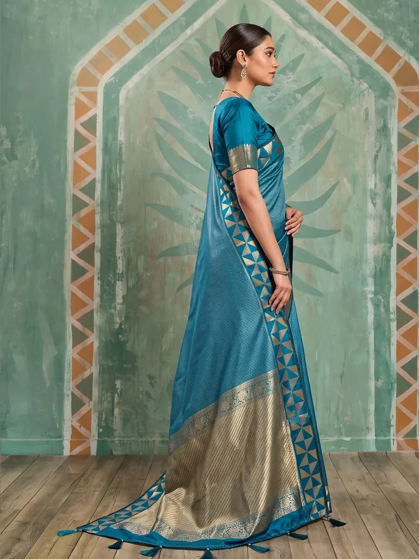 Teal_Blue_Art_Silk_Gold_Border_Saree_For_Women