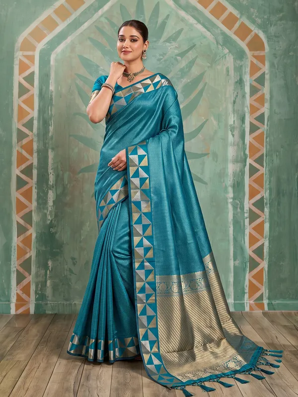 Teal_Blue_Art_Silk_Gold_Border_Saree_For_Women