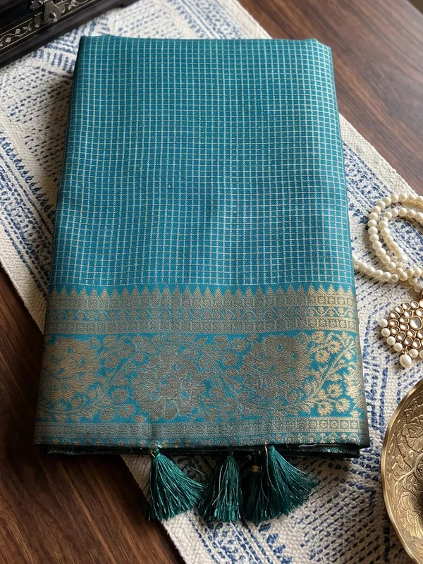 Teal_Blue_Art_Silk_Gold_Border_Saree_For_Women