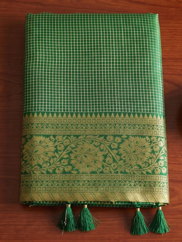 Dark_Green_Art_Silk_Micro_Check_Saree_For_Women