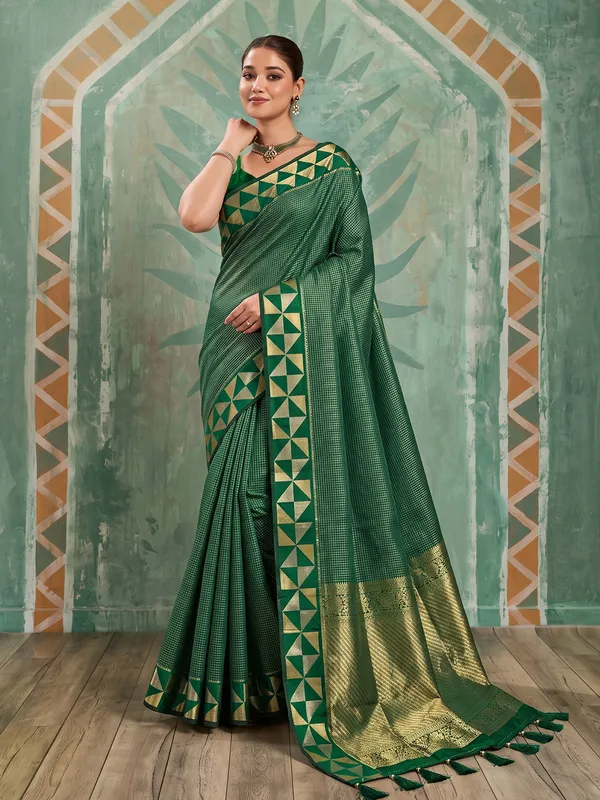 Dark_Green_Art_Silk_Micro_Check_Saree_For_Women