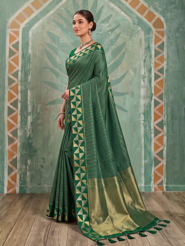 Dark_Green_Art_Silk_Micro_Check_Saree_For_Women