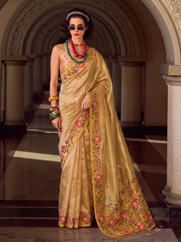 Gold_Tissue_Silk_Floral_Embroidered_Saree_For_Women