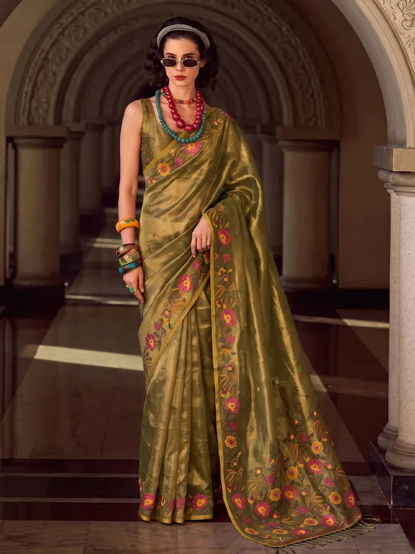Olive_Green_Tissue_Silk_Floral_Border_Saree_For_Women