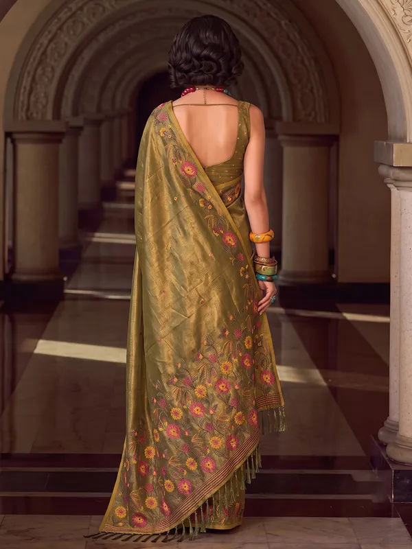 Olive_Green_Tissue_Silk_Floral_Border_Saree_For_Women