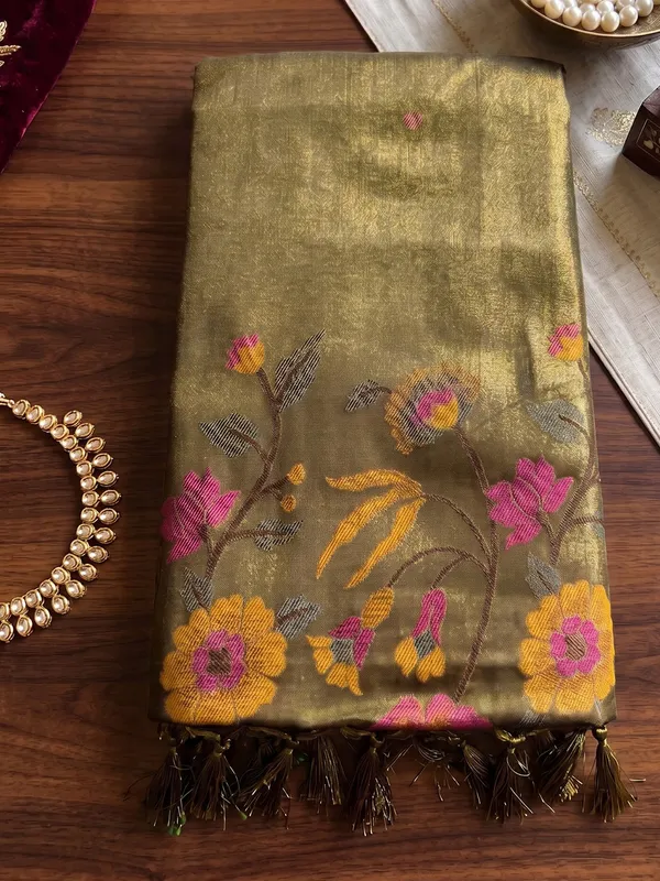 Olive_Green_Tissue_Silk_Floral_Border_Saree_For_Women