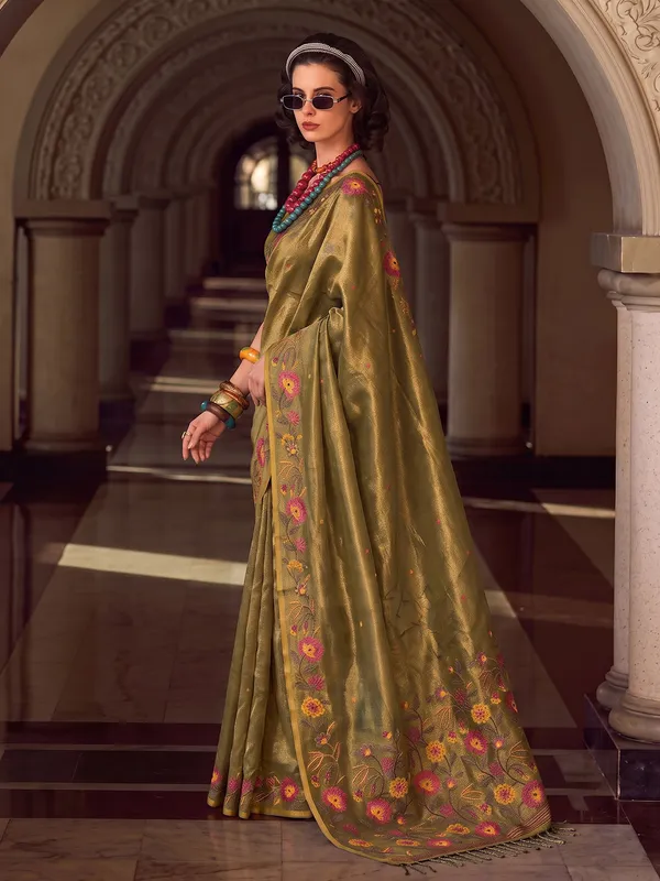 Olive_Green_Tissue_Silk_Floral_Border_Saree_For_Women