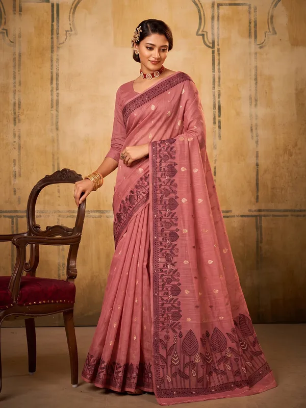 Rose_Pink_Cotton_Woven_Botanical_Border_Saree_For_Women