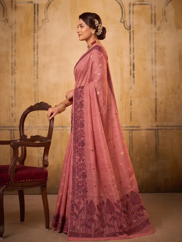 Rose_Pink_Cotton_Woven_Botanical_Border_Saree_For_Women
