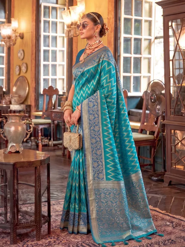 Teal_Blue_Banarasi_Silk_Chevron_Saree_For_Women