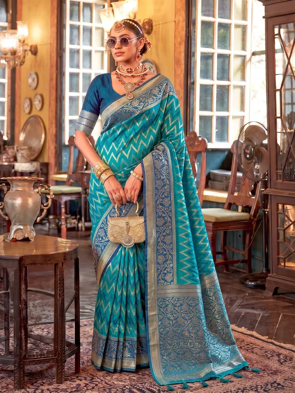 Teal_Blue_Banarasi_Silk_Chevron_Saree_For_Women