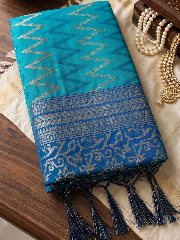 Teal_Blue_Banarasi_Silk_Chevron_Saree_For_Women