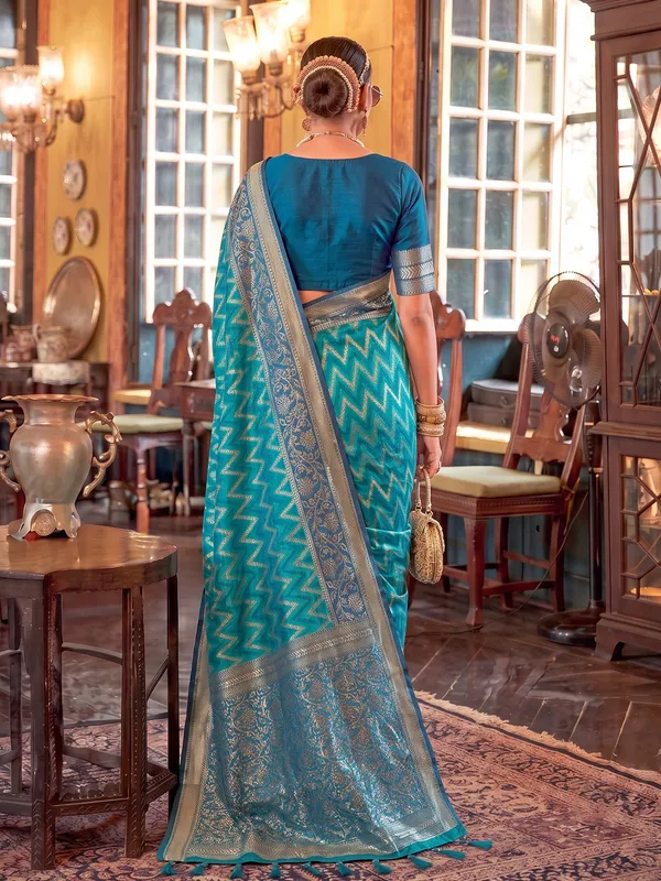 Teal_Blue_Banarasi_Silk_Chevron_Saree_For_Women