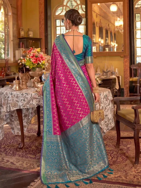Rani_Pink_Teal_Banarasi_Silk_Woven_Saree_For_Women