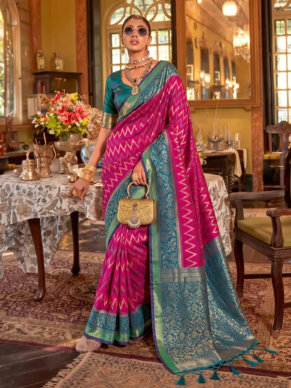 Rani_Pink_Teal_Banarasi_Silk_Woven_Saree_For_Women
