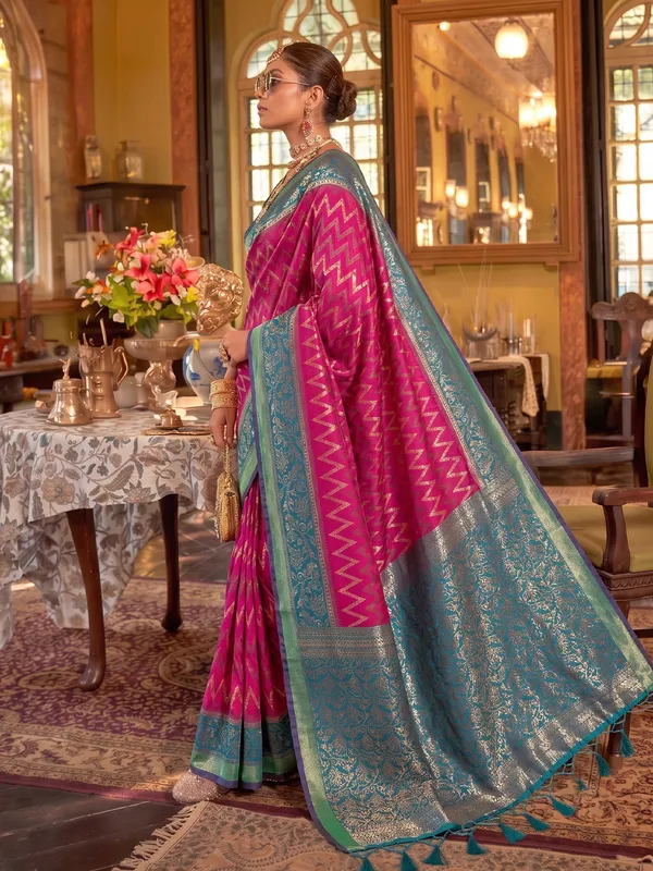 Rani_Pink_Teal_Banarasi_Silk_Woven_Saree_For_Women