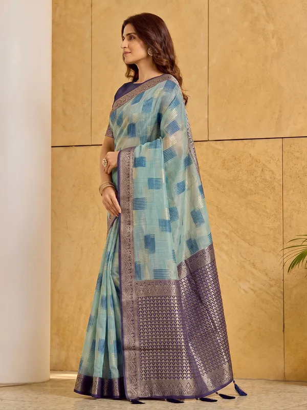 Sky_Blue_Pure_Cotton_Navy_Border_Saree_For_Women