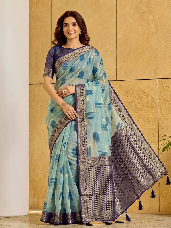 Sky_Blue_Pure_Cotton_Navy_Border_Saree_For_Women