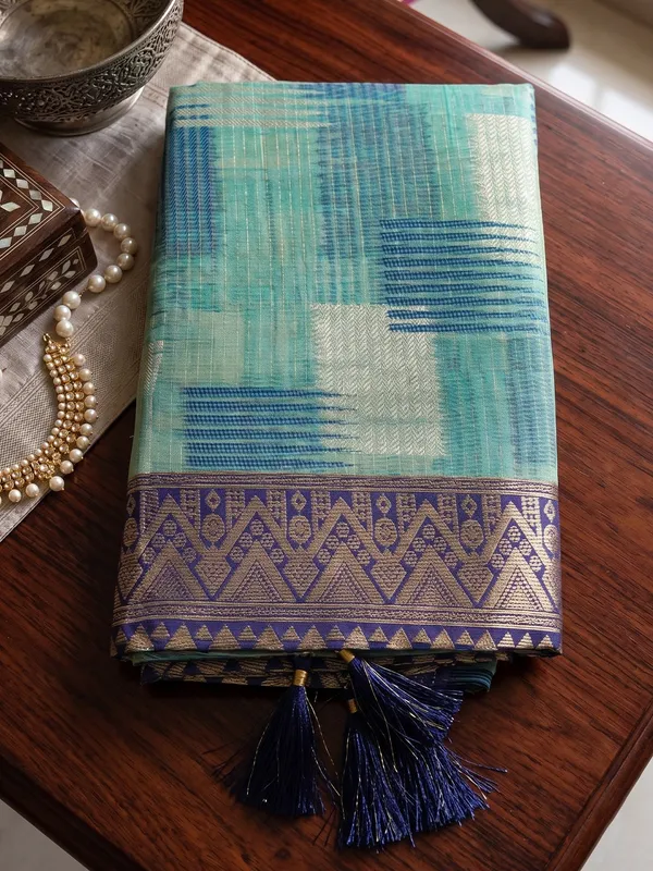 Sky_Blue_Pure_Cotton_Navy_Border_Saree_For_Women