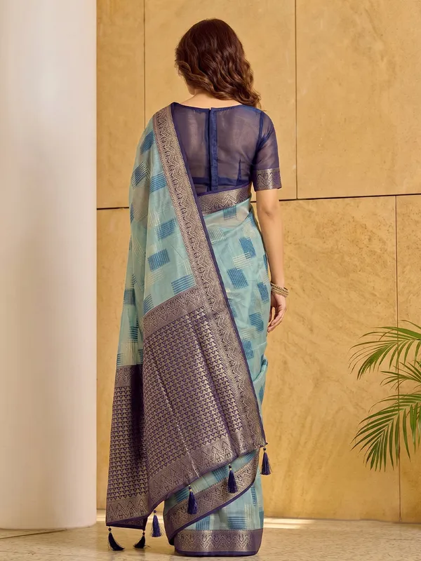 Sky_Blue_Pure_Cotton_Navy_Border_Saree_For_Women
