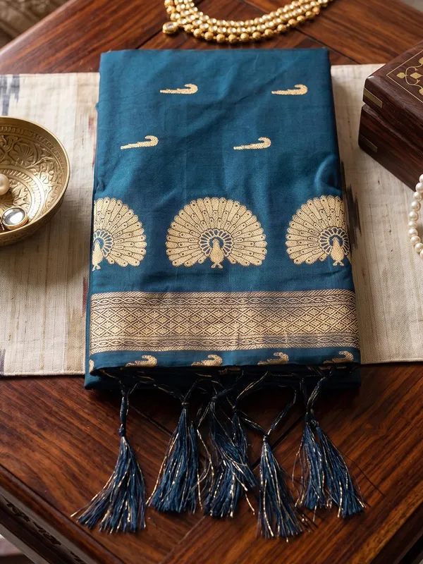 Teal_Blue_Soft_Silk_Gold_Motif_Saree_For_Women