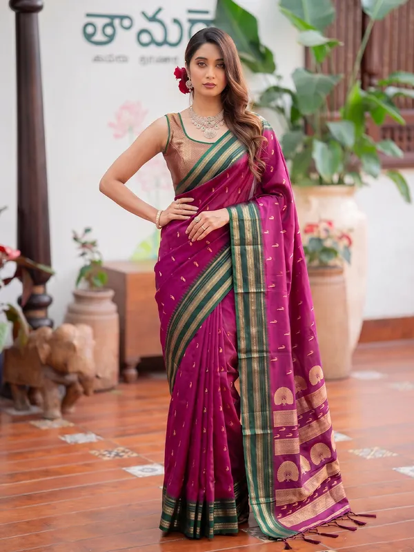 Rani_Pink_Soft_Silk_Gold_Motif_Festive_Saree_For_Women