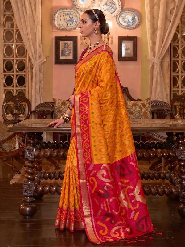 Mustard_Pochampally_Silk_Ikat_Woven_Saree_For_Women