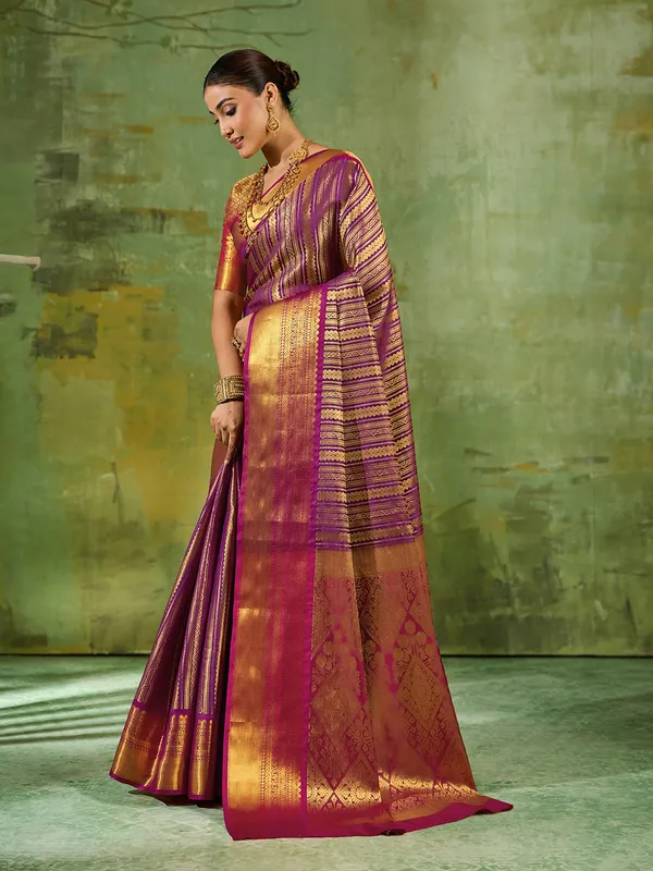 Purple_Kanjivaram_Silk_Gold_Stripe_Saree_For_Women