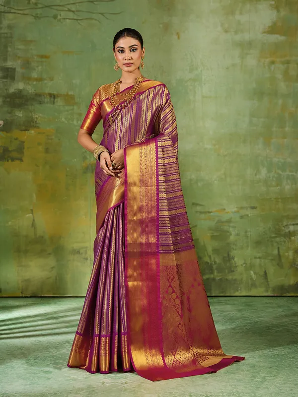 Purple_Kanjivaram_Silk_Gold_Stripe_Saree_For_Women