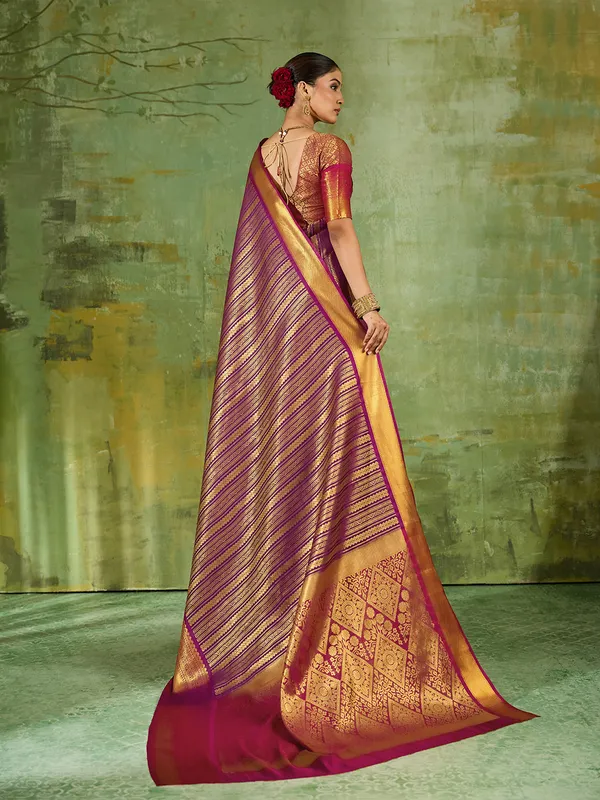Purple_Kanjivaram_Silk_Gold_Stripe_Saree_For_Women