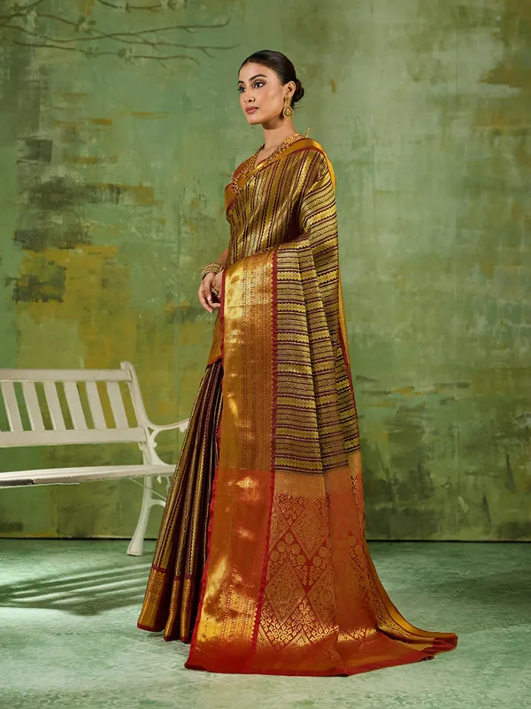 Brown_Kanjivaram_Silk_Gold_Stripe_Saree_For_Women