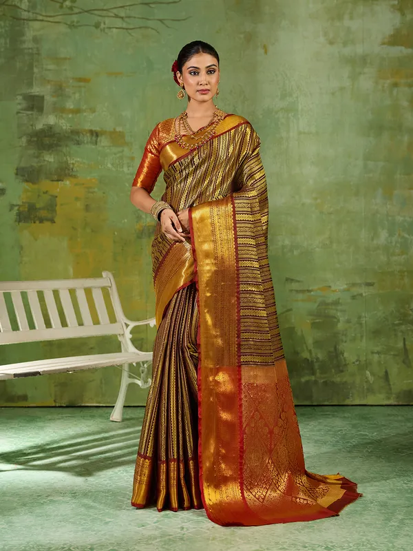 Brown_Kanjivaram_Silk_Gold_Stripe_Saree_For_Women