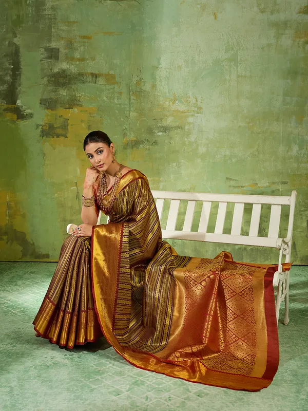 Brown_Kanjivaram_Silk_Gold_Stripe_Saree_For_Women