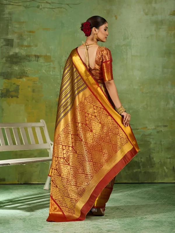 Brown_Kanjivaram_Silk_Gold_Stripe_Saree_For_Women