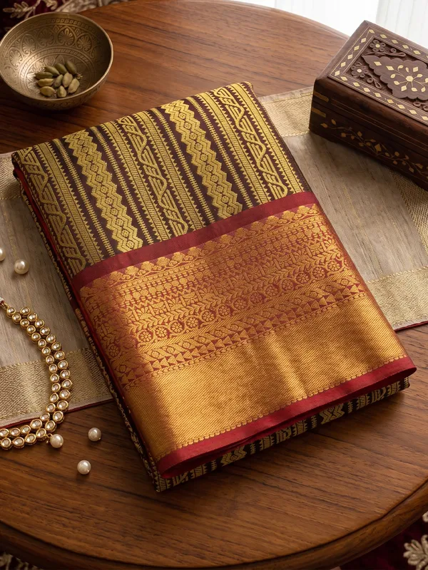 Brown_Kanjivaram_Silk_Gold_Stripe_Saree_For_Women