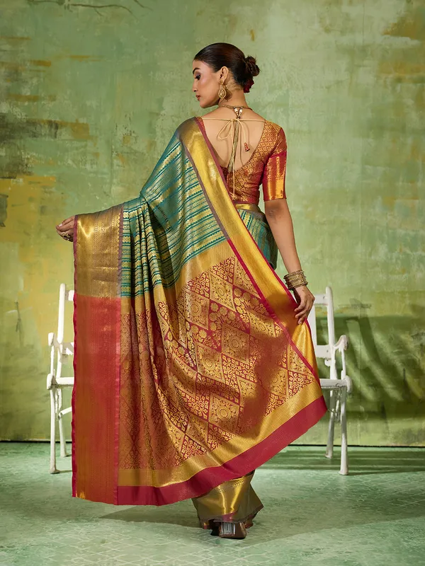 Teal_Green_Kanjivaram_Silk_Gold_Stripe_Saree_For_Women