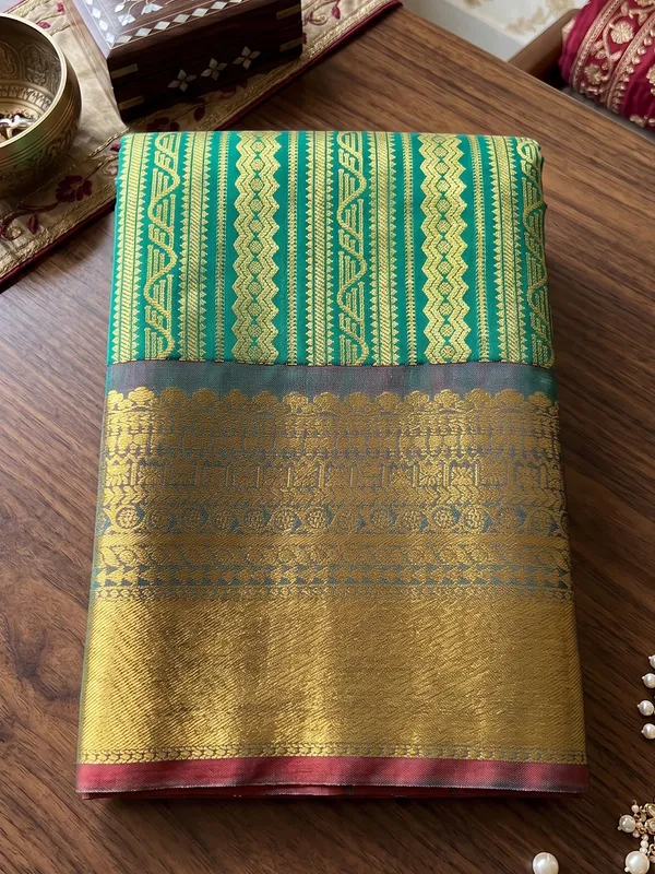 Teal_Green_Kanjivaram_Silk_Gold_Stripe_Saree_For_Women