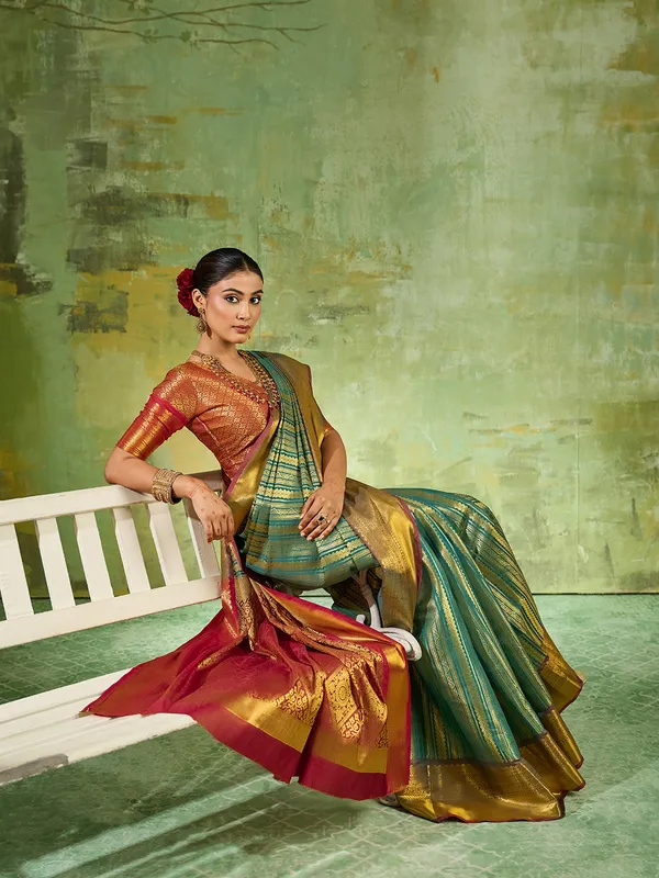 Teal_Green_Kanjivaram_Silk_Gold_Stripe_Saree_For_Women